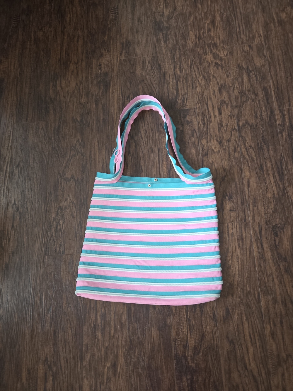 Striped Pink & Aqua Canvas Tote Bag with Dual Shoulder Straps